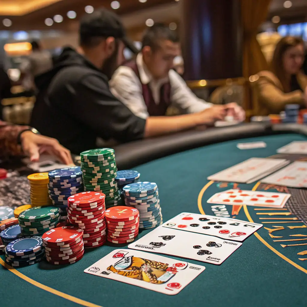 An image depicting a poker table with cards and chips, showcasing a lively Poker21 game in progress. The scene should convey excitement and strategic thinking.